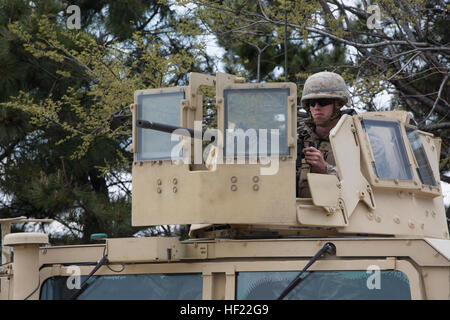 U.S. Marine Corps Lance Cpl. Thompson, Militärpolizist mit Charlie Kompanie, 3D Law Enforcement Bataillon, bietet Sicherheit in den Häfen während Ssang Yong 14 am Pier 9, Pohang, Südkorea, 4. April 2014. Übung Ssang Yong wird jährlich in der Republik Korea (ROK) zur Verbesserung der Interoperabilität zwischen den USA und ROK Kräfte durch ein breites Spektrum an amphibische Operationen ausführen, während präsentiert seegestützte Machtprojektion im Pazifik durchgeführt. (US Marine Corps Foto von CPL. Sara A. Medina, III MEF Kampf-Kamera/veröffentlicht) Pohang Hafensicherheit, Ssang Yong 14 140404-M-RN526-031 Stockfoto