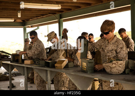 Marines mit Alpha Company, 8. Engineer Support Battalion, 2. Marine Logistics Group bereiten Munition vor dem Brennen bei verschiedensten Maschinengewehr an Bord Camp Lejeune, North Carolina, 14. April 2014.  Ca. 33 Marines mit Alpha Co. gespickt Ziele mit mehreren Maschinengewehren um Kenntnisse im Umgang mit den Waffensystemen aufrechtzuerhalten und Vertrauen aufzubauen. (Foto: U.S. Marine Corps CPL Shawn Valosin) 8. ESB bleibt scharf auf den Auslöser 140414-M-IU187-001 Stockfoto