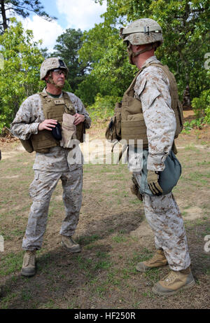 Brigadier General James Lukeman, Kommandierender general der 2. Marine-Division und Oberstleutnant Jarrod Stoutenborough, Kommandeur des 2. Bataillons, 10. Marine Regiment, 2. Marine-Division, diskutieren die Ausbildung, die Marines mit Fox-Batterie, 2 Bn 10. Marines während Rolling Thunder an Bord der Army Base Fort Bragg, N.C., 12. Mai 2014 ausgeführt werden. Rollender Donner ist ein Feld-Ereignis, das ermöglicht die Marines zu lernen, arbeiten effizienter als ein Regiment und trägt zum Regimentskommandeur Zusammenhalt durch Drücken jede Batterie in Feuer Missionen bei Tag und Nacht zu übertreffen. CG beobachtet training Stockfoto