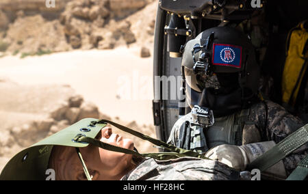 SPC. Giles Dunlop, Crewchief, wirft eine simulierte Casulaty in seinem Flugzeug von Hebezeug während ein Personal Recovery Übung zwischen einem UH-60 Black Hawk am 19. Juni 2014, in Kuwait von Unternehmen C, 1. Bataillon, 214th Air Ambulance, 42. Combat Aviation Brigade (CAB) und eine kuwaitische Luftwaffe SA 330 Puma Hubschrauber geflogen. 42. CAB und kuwaitischen Streitkräfte führen regelmäßig gemeinsame Partnerschaften ein, um ihre Fähigkeit zur Reaktion auf Notfälle zu verbessern. Die 42. CAB, New York Army National Guard wird nach Kuwait zur Unterstützung der Operation Enduring Freedom eingesetzt. (New York Army National Guard Foto von Sgt. Harl Stockfoto