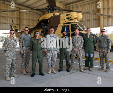 Flieger von Firma C, 1. Bataillon, 214th Air Ambulance, 42. Combat Aviation Brigade (CAB), stehen mit der Besatzung eines Hubschraubers, kuwaitische Luftwaffe SA 330 Puma, nachdem ein Personal Recovery Übung am 19. Juni 2014, in Kuwait. 42. CAB und kuwaitischen Streitkräfte führen regelmäßig gemeinsame Partnerschaften ein, um ihre Fähigkeit zur Reaktion auf Notfälle zu verbessern.  Die 42. CAB, New York Army National Guard wird nach Kuwait zur Unterstützung der Operation Enduring Freedom eingesetzt. (New York Army National Guard Foto von Sgt. Harley Jelis/freigegeben) Personal-Erholung-Partnerschaft in Kuwait 140619-Z-AR422-642 Stockfoto