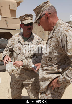 Kommandant der Marine Corps General James Conway (rechts) spricht mit Captain James Shelstad, Kompaniechef für 1. Explosive Ordnance Entsorgungsunternehmen, 1st Marine Logistics Group (vorwärts), über die verschiedenen improvisierte Sprengsätze verwendet von Aufständischen gegen Koalition Kräfte. Während der Tour konnten Conway und Sergeant Major des Marine Corps Carlton Kent die verschiedenen Möglichkeiten miterleben EOD-Techniker die IED Bedrohung; ein EOD Tech demonstriert Verbreitung einer fiktiven IED unter Schichten von Schmutz und Steinen begraben. USMC-100820-M-7429O-345 Stockfoto