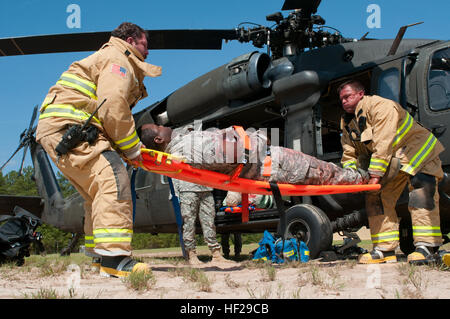 Feuerwehrleute mit McCrady Fire Rescue einen Unfall heben und tragen sie weg von der South Carolina National Guard UH-60 Black Hawk-Hubschrauber. Militärische und zivile Organisationen zusammengeschlossen, während einer Übung 30. Juni 2014, im McCrady Training Center. Während der Übung Agenturen zusammengearbeitet, um auf eine simulierte abgestürztes Flugzeug zu reagieren. Sie standen vor einer Vielzahl von Verletzungen von einfachen Schnitten und Schrammen zu schweren Verletzungen und sogar Todesfälle, die wenn diese führen würde waren ein reales Szenario. Der Zweck der Übung war es, Richtlinien, Verfahren, Geräte und Personal während Pr bewerten Stockfoto