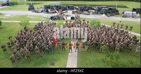 Lieutenant Colonel Derek E. Lane, Kommandeur des 8. Kommunikation Bataillon, II. Marine Expeditionary Force, verleiht seine Marines nach des Unternehmens Trash Dash Ereignis an Bord Camp Lejeune, North Carolina, 11. Juli 2014 eine Rede nach der Veranstaltung. (U.S. Marine Corps Foto von Pfc. Lucas J. Hopkins/freigegeben). Marines nehmen einen neuen Ansatz zur Reinigung 140711-M-TR086-212 Stockfoto