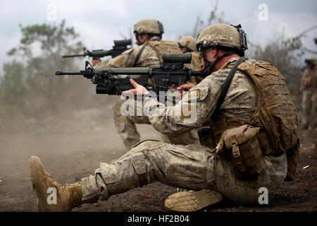 Neu Zealand Army Pvt. Cameron Dalley, ein Schütze mit Firma Landing Team 5, schießt eine kanadische C7A2-Service-Gewehr im Bereich 7 im Bereich der Pohakuloa-Ausbildung als Teil des Randes des Pazifik (RIMPAC) Übung 2014. Das C7A2-Service-Gewehr ist die primäre Waffe in der kanadischen Armee verwendet. Service-Mitglieder aus Neuseeland, Kanada und US Marine Corps ausgetauscht Waffen für ausländische Waffentraining. Zweiundzwanzig Nationen, mehr als 40 Schiffe und u-Boote, etwa 200 Flugzeuge und 25.000 Menschen beteiligen an RIMPAC vom 26. Juni bis Aug. 1 in und um die Inseln von Hawaii und Südkalifornien. Die wor Stockfoto