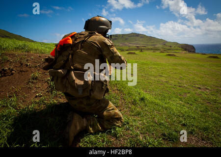 Eine Marine mit Delta Company, 5. Bataillon, königliches australisches Regiment, beteiligt sich an einer taktischen scharfer Munition Demonstration während der Rand der pazifischen (RIMPAC) 2014-Übung im Bereich Kaneohe Bay an Bord der Marine Corps Base (MCB) Hawaii, 29. Juli 2014. RIMPAC ist die weltweit größte internationale maritime Übung und findet alle zwei Jahre rund um Hawaii, denn die Übung eine einzigartige Trainingsmöglichkeit die internationale maritime Partnerschaft stärkt bietet, verbessert die Interoperabilität und die Bereitschaft der beteiligten Kräfte für eine Vielzahl von möglichen Operationen verbessert. (US Marine Co Stockfoto