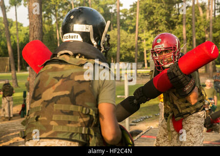 RCT Josue Colongalarza, Platoon 2076, Echo Company, 2. rekrutieren Training Bataillon, wartet auf seine Gegner zu schlagen, während Pugil Stock training 1. August 2014, auf Parris Island, SC Rekruten Kampf mit Pugil Sticks in zwei 15-Sekunden-spielen, kämpfen mit Bajonett angebracht Gewehre zu simulieren. Dieses Training, zusammen mit anderen Nahkampf Fähigkeiten, ist Teil des Marine Corps Martial Arts-Programm, die die mentale und physische Entwicklung der Rekruten und Marines gleichermaßen beiträgt. Colongalarza, 17, aus Ponce, Puerto Rico, ist zum Diplom 3. Oktober 2014 geplant. Parris Island wurde die Website von Stockfoto