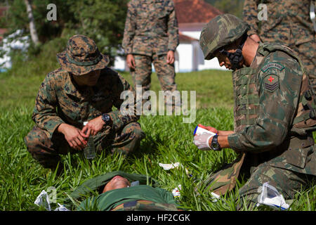 Petty Officer 2. Klasse Gabriel Besa, ein U.S. Navy Hospital Corpsman mit speziellen Zweck Marine Air Ground Task Force Süd und ein Eingeborener von Pearland, Texas, beobachtet, wie ein brasilianischer Segler notärztliche Versorgung zu einem simulierten Unfall während der praktischen Anwendung Teil einen bilateralen medizinische Wissensaustausch in Marambaia Insel, Brasilien, 6. August 2014 bietet. Der Austausch fand im Rahmen der Zusammenarbeit Sicherheitsereignis ein Theater mit der Logistik Combat Element des SPMAGTF-Süd statt. Durch eine enge Zusammenarbeit sind die USA und ihre Partner bereit, transnationale Sicherheit Challe Adresse Stockfoto