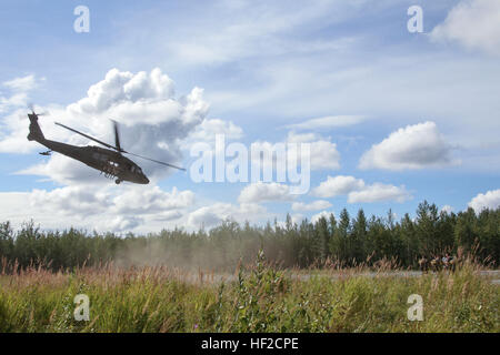 Ein Alaska Army National Guard UH-60 Black Hawk Hubschrauber transportiert Fallschirmjäger aus 4. Infantry Brigade Combat Team (Airborne), 25. Infanterie-Division, Wasser-Landung in der Luft am großen See Aug. 6 durchzuführen. Der gemeinsame Tag lang Übung wurde von der AKNG 1. Bataillon, 207. Aviation Regiment unterstützt, zu 200 Fallschirmjäger, sechs in einer Zeit, für den Sprung Luftbrücke. (US Army National Guard Foto von Sgt. Balinda O'Neal/freigegeben) Alaska-Gardisten unterstützen, mit Wasser-Landung in der Luft Gelenkoperation 140806-Z-CA180-087 Stockfoto