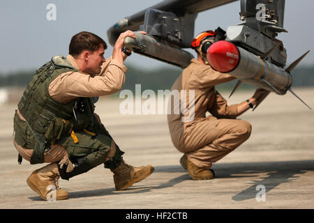 Captain Andrew R. Christus, links, und Gunnery Sgt. Robert J. McElmurry führen ein Pre-Flight-Sicherheits-Check von einem Ziel-120A fortgeschrittene Luft-Luft-Rakete mittlerer Reichweite im Marine Corps Air Station Cherry Point, North Carolina, 7. August 2014. Marine-Angriff Geschwader 223 durchgeführt die erste Staffel der Ostküste Harrier AMRAAM Brand Übung vor der Küste von Oceana, VA., das Geschwader seine Mission Bereitschaft zu verbessern helfen. Während die Hauptaufgabe der VMA-223 Luft-Boden-Angriff Unterstützung für Marine Air-Ground Task Force aus dem Meer oder Land, bilden das Geschwader AV-8 b Piloten in der Luft Feinde jenseits Visua engagieren Stockfoto