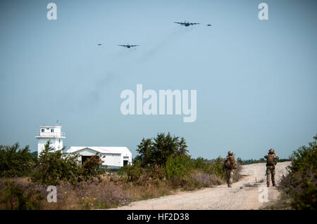 Kanadische Alpha Jets escort c-130 Hercules-Flugzeuge aus der 182. Airlift Wing, Peoria, Illinois in der Drop-Zone für eine Luft-Drop-Mission durch gemeinsame Terminal Fluglotsen aus der 148. Air Support Operations Squadron, Fort Indiantown Gap, PA während der Operation Northern Strike 2014 in der Nähe von Äschen, Michigan am 9. August 2014 gesteuert. Operation Northern Strike 2014 ist eine gemeinsame multinationale kombinierte Waffen training Übung in Michigan durchgeführt. (U.S. Air National Guard Foto von Master Sergeant Scott Thompson/freigegeben) Operation Northern Strike 2014 140809-Z-GS745-682 Stockfoto