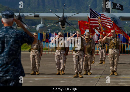 Admiral Samuel J. Locklear III, Kommandeur des US Pacific Command, salutiert als Auszeichnung werden gerendert, während die US Marine Corps Forces, Pacific Änderung der Befehl Zeremonie auf der Marine Corps Base Hawaii, 15. August 2014.  Generalleutnant John A. Toolan Jr. übernahm das Kommando von Generalleutnant Terry G. Robling während der Zeremonie. (U.S. Marine Corps Foto von Lance Cpl. Wesley Timm/freigegeben) MARFORPAC Änderung der Befehl Zeremonie 140815-M-AR450-039 Stockfoto