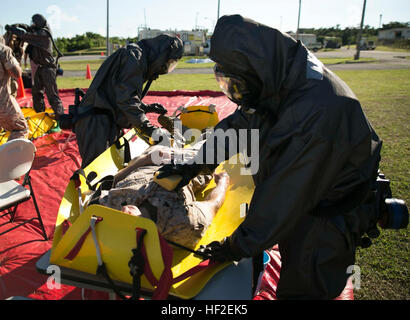 Chemische, biologische, radiologische und nukleare Verteidigung schrubben Spezialist Marines auf einem simulierten Unfall während einer Bewertung und Konsequenz Management Response Training Veranstaltung 27. August im Marine Corps Air Station Futenma. Die Fortbildungsveranstaltung beteiligt, Beantwortung von Anrufen über Gefahrstoffe. Die Marines sind mit Marine Wing Hauptsitz Squadron 1, 1. Marineflugzeugflügel, III. Marine Expeditionary Force. (U.S. Marine Corps Foto von Lance Cpl. Tyler Ngiraswei/freigegeben) CBRN-Marines während Hazmat Antwort 140827-M-AZ394-032 Ausbildung auf Probe gestellt. Stockfoto