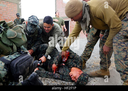 Petty Officer 2. Klasse Brad Olton, rechts, und Petty Officer 2. Klasse Gabriel Besa, Marinelazarett Sanitätern mit speziellen Zweck Marine Air Ground Task Force South bieten eine stressige Umgebung durch schreien und Kunstblut auf peruanischen Marines für die letzte Übung natürlich ein Combat Lifesaver während ein Theater Sicherheit Zusammenarbeit bilateralen Austausch auf peruanische Marine Corps Base Ancon gießen , Peru, 2. September 2014. Die TSC-Veranstaltung setzt sich auf mehreren bilateralen Austausch der medizinischen Behandlung, improvisierte explosive Geräteerkennung, mixed Martial Arts und Bekämpfung Treffsicherheit. Durch cl Stockfoto