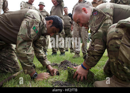 Lance Cpl. Dhilushka U. Maheswaran, einen militärischen Nachrichtendienstes Operator für 7 Militärgeheimdienst Bataillone, 1 Intelligence Surveillance Reconnaissance Brigade und Eingeborener von Abergavenny, Wales, bereitet das Loch für einen Encoder-Sendeeinheit 2 Boden Sensor als CPL. Rob D. Port, einen militärischen Nachrichtendienstes Operator für 7 MI Bn, 1 ISTA Brigade und gebürtig aus Exeter, England, ist bereit, natürliche Tarnung während einer Platzierung und Verschleierung Klasse gelehrt von 2. Intelligence Bataillon platzieren , II. Marine Expeditionary Force, während Übung Phoenix Odyssey am 15. September 2014. Die heutige Ausbildung foc Stockfoto