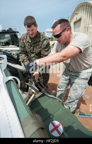 U.S. Navy Lt. CMdR Joseph Fitzpatrick (links), ein Chirurg zugewiesen, nach vorn wiederbelebende chirurgische Systemeinheit und US Air Force Staff Sgt Tony Hayden, eine Antenne Porter von der Kentucky Air National Guard 123. Kontingenz Response Group, sichere Fälle von roten Blutkörperchen und frozen Plasma, eine c-130 Fracht Palette an Léopold Sédar Senghor International Airport in Dakar, Senegal , 10. Oktober 2014, zur Unterstützung der Operation Vereinigte Unterstützung. Die medizinische Versorgung und Fitzpatrick Einheit sind für Liberia, speziellen Zweck Marine Air-Ground Task Force-Krise Antwort AFRICOM unterstützen gebunden. (U.S. A Stockfoto