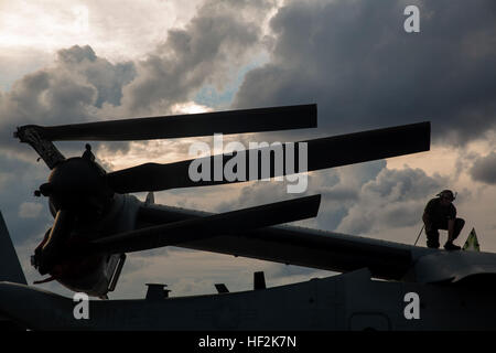 Corporal Christopher Sossong, ein MV-22 Osprey-Mechaniker mit Marine Medium Tiltrotor Geschwader 365 (Stahlbeton), 24. Marine Expeditionary Unit, führt einen Wartungs-Check auf einen Fischadler vor Flugbetrieb an Bord der USS Iwo Jima, 21. Oktober 2014. Flugbetrieb sind zur Unterstützung der zusammengesetzte Einheit Trainingsübung, die MEU letzten einsatzvorbereitende Ausbildung in Vorbereitung auf den bevorstehenden Einsatz am Ende des Jahres. (Foto: U.S. Marine Corps CPL. Todd F. Michalek) 24. MEU bereitet sich auf die Bereitstellung von 141021-M-YH418-001 Stockfoto