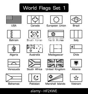 Flaggen der Welt-set 1. einfachen Stil und flache Bauweise. dicken Umriss. Schwarz und weiß. Stockfoto