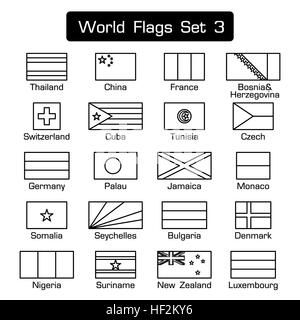 Flaggen der Welt setzen 3. einfachen Stil und flache Bauweise. dicken Umriss. Stockfoto