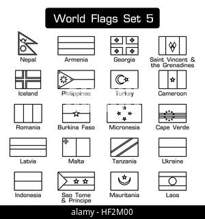 Flaggen der Welt gesetzt 5. einfachen Stil und flache Bauweise. dicken Umriss. Stockfoto