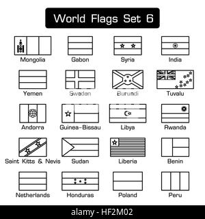 Flaggen der Welt stellen 6. einfachen Stil und flache Bauweise. dicken Umriss. Stockfoto