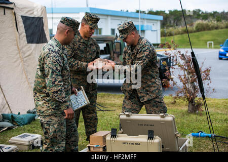 Sgt. Antonio M. Garay, links, überwacht einen routinemäßige Wartungs-Check auf der PV-Module für den Boden erneuerbare Expeditionary Energiesystem mit Lance Cpl. Ruben Moralessoto, Center und Lance Cpl. Angel Servin, Recht, während der November 4 Übung Chromit 15 auf Camp Schwab. Die Solarmodule sind eine backup-Quelle, die Marine Corps Hauptstromversorgung des Diesel-Generatoren. Die Grüns erfordern nur Sonnenlicht zu bedienen, die Treibstoffkosten sparen kann. Die Marines, die Wartung der Systeme sind mit Kommunikation Platoon, Sitz und Service Battalion, 4. Marine Regiment, 3rd Marine Division III Stockfoto