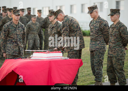 Lieutenant Colonel Robert C. Rice schneidet den Kuchen während einer Marinekorps Geburtstagsfeier hier November 10. Anschluss des Kuchens war ein Bataillon-weiten Wettbewerb der Unternehmen im Flag-Football, Basketball, Softball, Tauziehen und mehr gegeneinander auszuspielen. Der Gewinner des Wettbewerbs war die Firma K und ihre Auszeichnung soll das erste Unternehmen zur Rückkehr nach Kalifornien vor dem Rest des Bataillons. Reis ist der Bataillonskommandeur des Battalion Landing Team 3. Bataillon, 5. Marines, 31. Marine Expeditionary Unit und ein Eingeborener von Richland, Washington. (US-Marine Foto von Cpl. Stockfoto