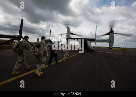 US-Militärangehörige und zivile Auftragnehmer darauf vorbereiten, ein MV-22 Osprey mit SPMAGTF Crisis Response - Afrika als Teil der Marines letzte Mission zur Unterstützung der Operation Vereinigte Unterstützung in Monrovia, Liberia, 1. Dezember 2014 an Bord. Vereinte Hilfe ist ein US-Verteidigungsministerium, das Kommando und Kontrolle, Logistik, bietet Schulung und technische Unterstützung für amerikanische Agentur für internationale Entwicklung - führte die Anstrengungen zur Ebola-Virus-Ausbruch in westafrikanischen Nationen enthalten. (U.S. Marine Corps Foto von Lance CPL Andre Dakis/SPMAGTF-CR-AF-Bekämpfung, die Kamera/freigegeben) US-Marines füllen Sie zwei Stockfoto