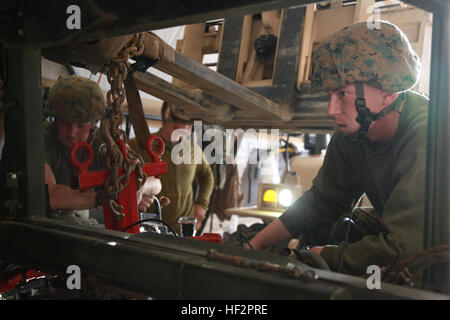 US Marine Sgt. Christopher Longhini schaut, um sicherzustellen, dass der neue Motor für ein Humvee richtig auf dem Platz in einem Fahrzeug während realistische urban Training an Bord Fort Hunter Liggett, Calif., 13. Dezember 2014 festgelegt wird. Longhini ist ein motor Transport-Mechaniker mit Bekämpfung der Logistik-Bataillon 15, 15. Marine Expeditionary Unit. BRUNFT der 15. MEU Marines auf ihren nächsten Einsatz vorbereitet, finden verbessern ihre Kampffähigkeiten in Umgebungen, die ähnlich wie diejenigen, die sie in zukünftigen Missionen. (Foto: U.S. Marine Corps CPL. Steve H. Lopez/freigegeben) CLB-15, 15. MEU Marines beheben Fahrzeug 141213-M-TJ275-07 Stockfoto