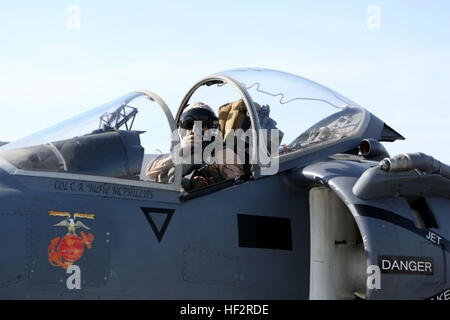 US Marine Capt Nikhil Kesireddy, ein Pilot mit Marine Attack Squadron 211, spezielle Zweck Marine Air Ground Task Force-Crisis Response - Central Command beginnt die Endkontrolle auf eine AV-8 b Harrier vertikaler/kurzer Start und Landung Flugzeug vor seinem Flug zur Unterstützung Betrieb innewohnende lösen im Bereich Central Command Operations, 7. Januar 2015. Die Harrier ist ein Flugzeug Marines verwendet für koordinierte Streiks, Close Air Support und nicht traditionele Intelligenz, Überwachung und Aufklärung. (Marine Corps Foto von CPL. Tony Simmons/freigegeben) Marine Attack Squadron 211 nimmt fligh Stockfoto