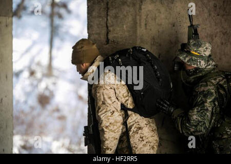 US Marine Sgt. Jaime Garcia zeigt Raum clearing-Techniken, Republik von Korea Marines während eine enge Viertel Schlacht Bohren während koreanische Marine Austauschprogramm 15-3 Jan. 12 in Pyeongchang, Republik Korea. Die Veranstaltung war eine von vielen in einem 10-km-Schleife-Kurs. Veranstaltungen enthalten, Abseilen, Kampfmittel Entsorgung schließen Viertel Schlacht und Radio Training. Garcia, Mission, Texas, der Zug-Kommunikation-Chef ist mit Alpha Company, 3. Aufklärungs-Bataillon, 3. Marineabteilung, III. Marine Expeditionary Force. Die ROK Marines sind die Aufklärung Männer mit Delta Company, 2n zwingen Stockfoto