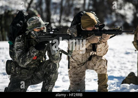 US Marine Pfc Joel B. Freitas und Republik der Korea Marine CPL. Kim Juan Choi bieten Deckung Feuer während der koreanischen Marine Austauschprogramm 15-3 Jan. 12 in Pyeongchang, Republik Korea. Die Marines zur Verfügung gestellt Feuerschutz für ein Szenario mit verwundete Männer evakuiert und dann mit bekämpfen erste Hilfe behandelt. Die Veranstaltung war eine von vielen in einem 10-km-Schleife-Kurs. Veranstaltungen enthalten, Abseilen, Kampfmittel Entsorgung schließen Viertel Schlacht und Radio Training. Freitas aus New York, New York, ist ein spezielles Zahnrad NCO, mit Alpha Company, 3. Aufklärungs-Bataillon, 3. Marineabteilung, Marine E III Stockfoto