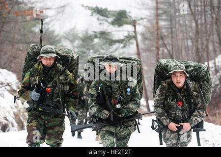 Republik von Korea Marines wandern einem 35 km langen Weg auf einen Berg Jan. 15 während koreanische Marine Austauschprogramm 15-3 in Pyeongchang, Republik Korea. Die ROK Marines wurden Schulungen für Berg Kriegsführung und Schnee Mobilität Kriegsführung neben ihren US-Kollegen von Alpha Company, 3. Aufklärungs-Bataillon, 3. Marineabteilung, III. Marine Expeditionary Force. Die ROK Marines sind Aufklärung Männer mit 2nd Battalion, zwingen 2. Marine-Division. (Foto: U.S. Marine Corps CPL. Tyler S. Giguere/freigegeben) UNS, Hausruck ROK Marines über Berge 150115-M-RZ020-004 Stockfoto