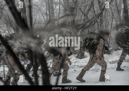 USA und Republik Korea Marines wandern einen 35 km langen Weg auf einen Berg Jan. 15 während koreanische Marine Austauschprogramm 15-3 in Pyeongchang, Republik Korea. Eis und Schnee bedeckt den gesamten Pfad. Die US-Marines sind Aufklärung Männer mit Alpha Company, 3. Aufklärungs-Bataillon, 3. Marineabteilung, III. Marine Expeditionary Force. Die ROK Marines sind Aufklärung Männer mit 2nd Battalion, zwingen 2. Marine-Division. (Foto: U.S. Marine Corps CPL. Tyler S. Giguere/freigegeben) UNS, Hausruck ROK Marines über Berge 150115-M-RZ020-022 Stockfoto