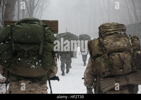 USA und Republik Korea Marines wandern einen 35 km langen Weg auf einen Berg Jan. 15 während koreanische Marine Austauschprogramm 15-3 in Pyeongchang, Republik Korea. Die ROK und US-Marines wanderten Side-by-Side von Anfang bis Ende. Die US-Marines sind Aufklärung Männer mit Alpha Company, 3. Aufklärungs-Bataillon, 3. Marineabteilung, III. Marine Expeditionary Force. Die ROK Marines sind Aufklärung Männer mit 2nd Battalion, zwingen 2. Marine-Division. (Foto: U.S. Marine Corps CPL. Tyler S. Giguere/freigegeben) UNS, Hausruck ROK Marines über Berge 150115-M-RZ020-098 Stockfoto