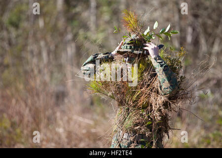 US Marine Corps Oberstleutnant Timothy R. Dremann, befehlshabender Offizier, Advanced Training Infanteriebataillon, Schule der Infanterie-Ost passt seine Tarnung, bevor eine 800m Stengel auf Camp Lejeune, North Carolina, 21. Januar 2015. Offiziere und Unteroffiziere der Mitarbeiter wurde normalerweise gelehrt, Scharfschützen, die jeder Marine 800 Meter voraus, einrichten und ein Ziel zu identifizieren, während verbleibenden unentdeckt erforderlich. (Foto: U.S. Marine Corps SOI-Osten bekämpfen Kamera, Lance Cpl. Andrew Kuppers / veröffentlicht) Schule der Infanterie Offiziere und Unteroffiziere der Mitarbeiter unterziehen Scout Sniper Training 150121-M-NT768-007 Stockfoto