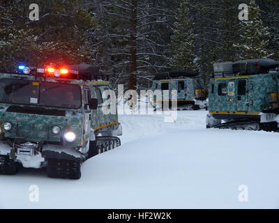 Colorado National Guard Treiber von Kleinaggregat Begleitfahrzeugen (SUSVs) aus über der Front Range halten Funkkontakt mit Sitz während der Team-Suche auf Fuß, Ski- und Schneeschuh für ein mock verlorene Wanderer im Routt National Forest in der Nähe von Steamboat Springs, Colorado, 28. Januar 2015. Neununddreißig CONG Soldaten gewonnenen Erfahrungen und Kenntnisse im Tiefschnee fahren, Winde Erholung und Kälte überleben und erste Hilfe beim Training Übung, Jan. 26 bis 29. Die Übung zur Verfügung gestellt realistischer Szenarien der verlorenen oder verletzten Freizeitsportler in den 12.000 Hektar großen Truppenübungsplatz. SUSVs können leicht cl Stockfoto