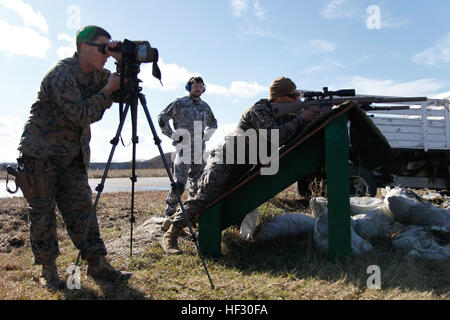 US-Marines von Alpha Flotte Anti-Terrorism Security Team Unternehmen Europa (FASTEUR), Naval Station Rota, demonstrieren die Fähigkeiten von einem benannten Schütze schießen eine M110 SASS-Scharfschützengewehr, Mitglieder der rumänischen Geheimdienst und Jandarmeria an den rumänischen Geheimdienst Schießstand in Bukarest, 26. Februar 2015. FASTEUR Marines durchgeführt Kleinwaffen Treffsicherheit Training mit Host Nation während Verlobung Botschaft Truppen, beide Kräfte auf Waffen, normalerweise während Sicherheitsoperationen vertraut zu machen. (U.S. Marine Corps Foto von Sgt. Esdras Ruano/freigegeben) U.S. Stockfoto