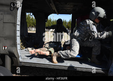 Operation Cyclone, ein Delaware Nationalgarde gemeinsames Training Übung mit Piloten und Soldaten, die Reaktion auf einen simulierten Tornado, der durch New Castle County gefegt hat. Army Black Hawk Hubschrauber kommen, um simulierte verletzte Personal zu Air Guard Base, zu evakuieren, wo Patienten auf c-130 s für Luftaufnahmen Evakuierung in New Castle, Delaware (US Army National Guard Foto von Staff Sgt. James Pernol/freigegeben) Delaware Nationalgarde übertragen werden führt gemeinsame Übung 150411-Z-GL773-0093 Stockfoto