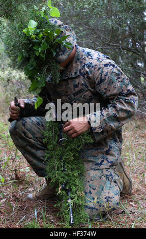 Lance Cpl. Cameron Martinez, ein Scout Sniper Kandidat mit Scout Sniper Platoon, Waffen Company, 2. Bataillon, 2. Marine Regiment, bezieht sich auf sein Gewehr in der Vorbereitung für eine Verschleierung Übung an Bord Camp Lejeune, North Carolina, 16. April 2015 Vegetation. Die Kandidaten ging durch einen zweiwöchigen Scout Sniper Kurs Vorbereitung Grundkurs lernen Sie die Grundlagen dessen, was es bedeutet ein Scout Sniper und bauen die notwendigen Fähigkeiten, um die Scout Sniper-Basic-Kurs zu besuchen. (U.S. Marine Corps Foto von Sgt. Austin Long) Marines trainieren zu Scout Sniper 150416-M-WC184-353 Stockfoto