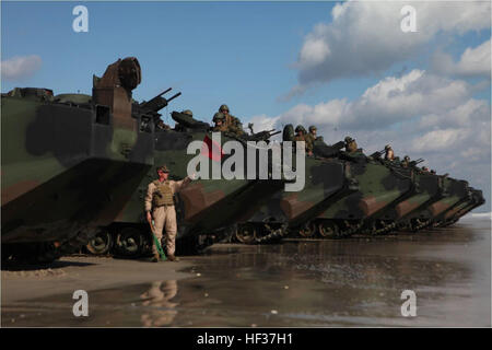 Marines mit 2. amphibischen Angriff Bataillon warten auf das Signal um das Wasser auf dem Weg auf der USS Wasp während der Übung Bold Alligator 2012, 3. Februar geben.  Die 2. AAB unterstützt die Ausübung durch die Bereitstellung des Transports notwendig, Marines mit Regimental Landing Team 2 aus die amphibische Schiffe der Expeditionary Strike Group 2, an der Küste für Folgenahrung Kampfhandlungen zu bewegen.  Die Übung, die größte amphibische Marineübung in den letzten 10 Jahren stellt der Navy und des Marine Corps Revitalisierung des gesamten Spektrums der amphibische Operationen. Die Übung konzentriert sich auf die heutige fig Stockfoto