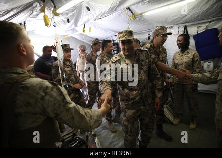 150503-M-QZ288-019: JORDAN (3. Mai 2015) US Navy Matrosen vom Marine Corps Base Camp Lejeune, North Carolina, und Marine Medizin West begrüßen jordanischen Service-Mitglieder mit dem jordanischen Rolle 2 Ärzteteam beim Unfall Evakuierungstraining in Vorbereitung auf die Übung eifrig Löwen 15 in Jordanien, 3. Mai 2015. Eager Lion ist eine wiederkehrende multinationalen Übung sollen zu militärischer Beziehungen stärken, Interoperabilität zwischen Partnernationen zu erhöhen und verbessern die regionale Sicherheit und Stabilität. (Foto: U.S. Marine Corps Lance Cpl. Austin A. Lewis/freigegeben) Ärzteteam führt CASEVAC dur Stockfoto