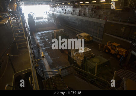 Taktische Fahrzeugen bekämpfen Logistik-Bataillon 24, 24. Marine Expeditionary Unit zugeordnet werden gut Deck die amphibischen Transportschiff der Dock USS New York (LPD-21) in Vorbereitung für eine bilaterale Trainingsübung mit den Franzosen, 6. Mai 2015 nach Djibouti transportiert werden inszeniert. Die 24. MEU ist auf den Schiffen der Iwo Jima amphibisches bereit Gruppe begonnen und wird bereitgestellt, um die Aufrechterhaltung der regionalen Sicherheit in den USA 5. Flotte Einsatzgebiet. (Foto: U.S. Marine Corps CPL. Todd F. Michalek/freigegeben) US Marines trainieren neben französischen Streitkräfte in Dschibuti 150506-M-YH418-003 Stockfoto