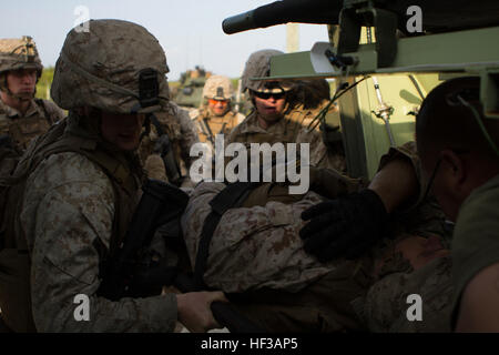 US-Marines mit Battalion Landing Team 2/6, 26. Marine Expeditionary Unit (MEU), laden Sie einen simulierten Unfall in ein leicht gepanzertes Fahrzeug bei Unfall-Evakuierung-Bohrer am Onslow Beach Camp Lejeune, North Carolina, 20. Mai 2015. Die MEU führte das Training zur Verbesserung der notwendigen Fähigkeiten, um die Verwundeten persönlich auf dem Schlachtfeld in der Vorbereitung für den Einsatz mit der Kearsarge amphibische bereit Gruppe in der 5. und 6. Flotte Verantwortungsbereich zu extrahieren. (Foto: U.S. Marine Corps CPL. Jeraco Jenkins/freigegeben) Light Armored Reconnaissance nächtlichen Razzia 150520-M-CV548-015 Stockfoto