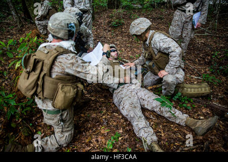 Marines mit dem 26. Marine Expeditionary Unit leisten Notfall erste Hilfe zu einem simulierten Unfall während eines taktischen Recovery von Flugzeugen und Personal (TRAP) Trainings an Bord Camp Lejeune, North Carolina, 5. Juni 2015. Marines mit dem MEU wurden anhand eines vorgegebenen Szenarios zu finden, bieten medizinischen Versorgung und gestrandete Marines während Vermeidung oder Neutralisierung der feindlichen Bedrohungen zu evakuieren. Die TRAP-Übung wurde im Rahmen der Einsatzvorbereitenden Ausbildung durchgeführt. (Foto: U.S. Marine Corps CPL Shawn Valosin) 26. MEU beteiligt sich an taktischen Recovery von Flugzeugen und Personal natürlich 150605-M-IU187-020 Stockfoto