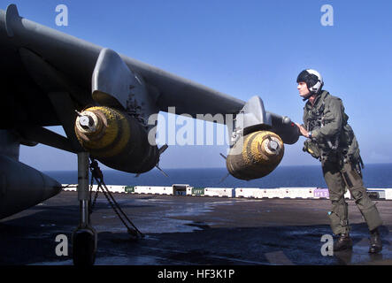Ein Pilot des U.S. Marine Corps inspiziert eine AV-8B Harrier an Bord der USS Peleliu vor einer Mission zur Unterstützung der Operation Enduring Freedom in Afghanistan. Der Pilot ist der 15. Marine Expeditionary Unit zugeordnet, Special Operations Capable. Stockfoto