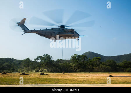 Militärpolizei Marines führen schnell Abseilen aus einem CH-53E Super Stallion zur Unterstützung der blauen Chromit 16 im Zentralbereich Ausbildung, Okinawa, Japan, 28. Oktober 2015. Die Marines mit Hilfe der militärischen Gebrauchshund, wurden mit der Pilot und zwei abgeschossenen Besatzungsmitglieder auf einem simulierten abgestürzten Flugzeuge aufspüren beauftragt. Blaue Chromit ist eine groß angelegte amphibische Übung, die in erster Linie III Marine Expeditionary Force Lehr-und Lernmaterialien auf Okinawa ansaugt. Die Lage des Trainings ermöglicht teilnehmenden Einheiten, um einer Körperhaltung nach vorn eingesetzt und eliminiert die Kosten für Reisen nach Stockfoto