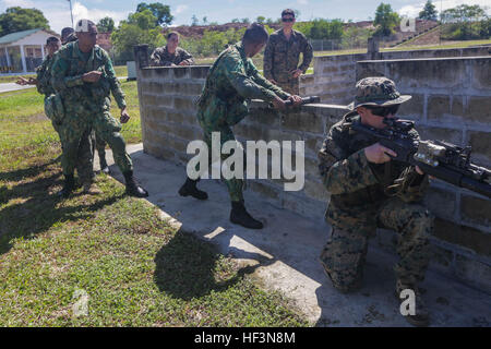 TUTONG, Brunei (11. November 2015) US-Marines mit dem 15. Marine Expeditionary Unit und Soldaten mit der Royal Brunei Land-Kraft üben Sie dagegen verstößt Techniken kombiniert flott Bereitschaft und Training - Brunei-2015. Elemente der 15. MEU Marines sind an Land in Brunei, Tag und Nacht Training in einem städtischen Umfeld durchzuführen und zur Verbesserung der Interoperabilität und Partnerschaft zwischen den USA und Brunei. Die 15. MEU ist derzeit im Einsatz in der Indo-Asien-Pazifik-Region zur Förderung regionaler Stabilität und Sicherheit in den USA 7. Flotte Einsatzgebiet. (U.S. Marine Corps Foto von Sgt. Jame Stockfoto