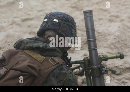 Eine Marine mit 3. Bataillon, 6. Marineregiments macht Anpassungen an Feuer Richtung 60mm Mörser während vielfältige Leben Heißausbildung in Camp Lejeune, North Carolina, 19. November 2015. Trotz starken Regenfällen und Wind absolvierte die Marines Mörser schießen um zu halten und verfeinern Sie ihre Fähigkeiten mit dem Waffensystem und beweisen, dass sie eine Feuer-Mission unter allen Bedingungen abgeschlossen werden konnte. (Foto: U.S. Marine Corps von CPL. Michelle Reif/freigegeben) 3-6 Brände Mörser Regen oder Sonnenschein 151119-M-DT430-003 Stockfoto