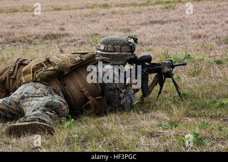 Lance Cpl. Curtis L. Brown, ein Schütze mit Fox Company, 2. Bataillon, 8. Marine Regiment, Angriffe zielen Reihe während ein Feld trainieren Sie im Camp Lejeune, North Carolina, 28. Januar 2016. Das Unternehmen verstärkt Infanterie Grundlagen auf allen Ebenen, beginnend mit Feuer Teamtaktik vor Kader-Ebene Übungen voran. (Foto: U.S. Marine Corps CPL Paul S. Martinez/freigegeben) "Amerikas Bataillon" entwickelt Infanterie Grundlagen 160128-M-ZM882-362 Stockfoto